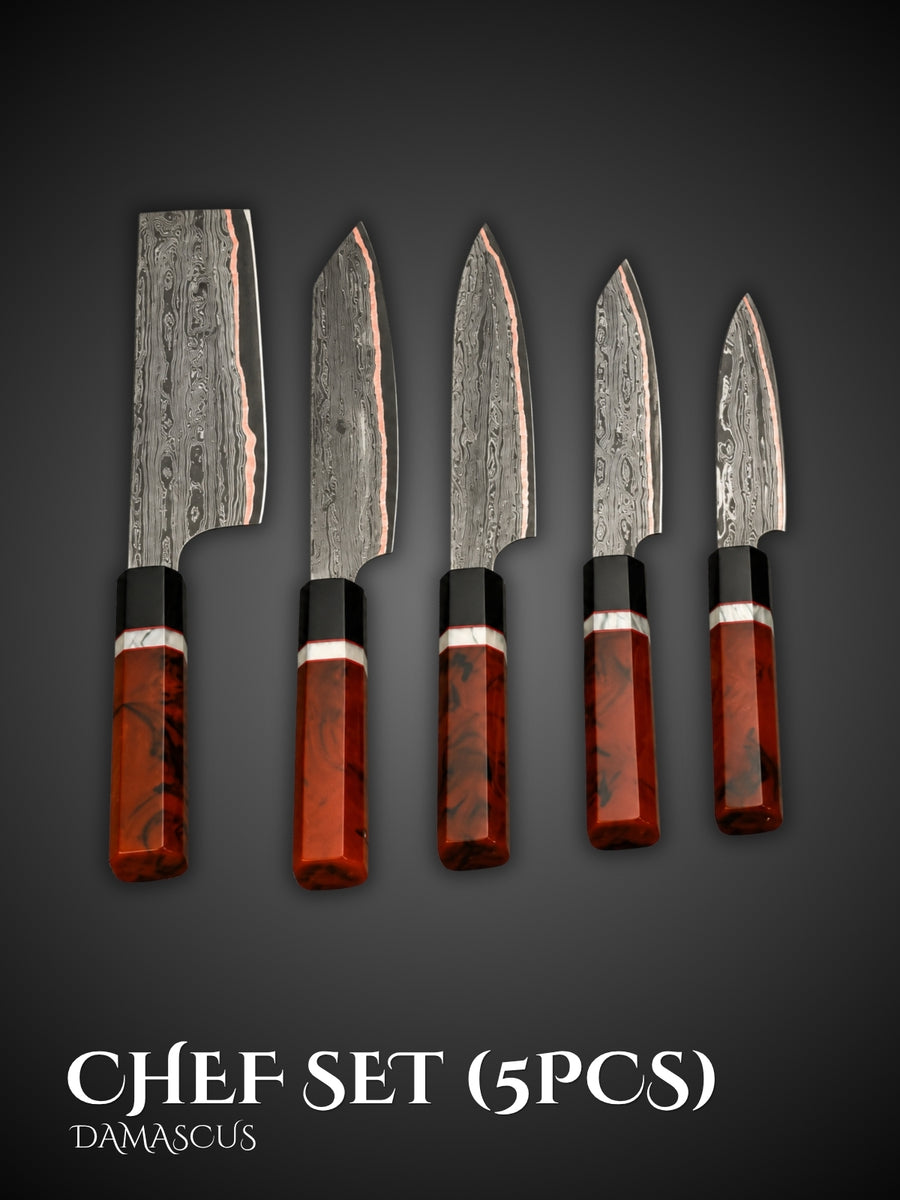 Copper Damascus Chef Knife Set  (5Pcs)