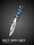 Blue and Grey Handmade Damascus Steel Folding Pocket Knife,