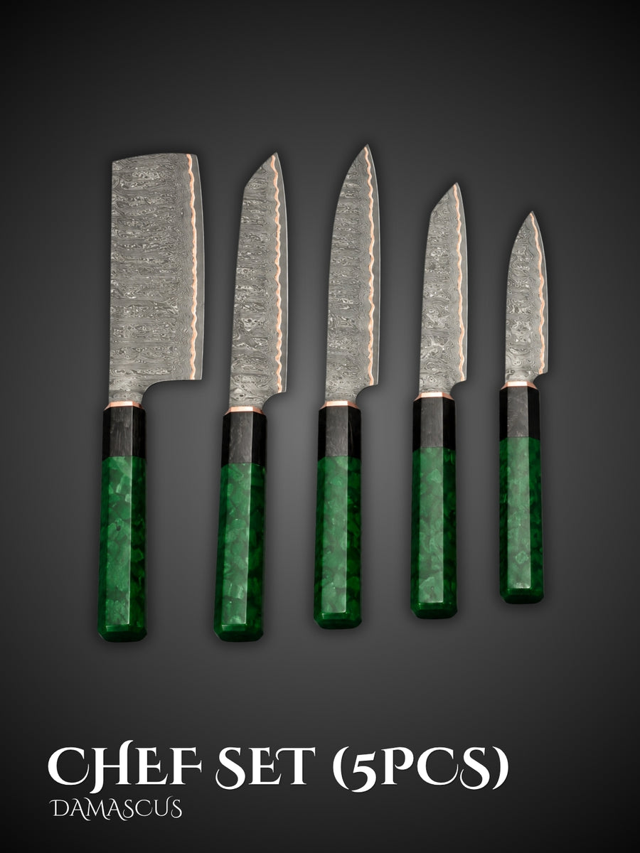 Round Handle Damascus Chef Set (5 pcs)