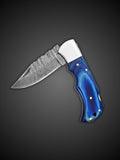 Blue Handmade Damascus Steel Folding Pocket Knife,
