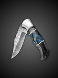 Blue and Grey Handmade Damascus Steel Folding Pocket Knife,