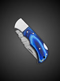 Blue Handmade Damascus Steel Folding Pocket Knife,