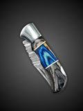 Blue and Grey Handmade Damascus Steel Folding Pocket Knife,