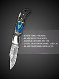 Blue and Grey Handmade Damascus Steel Folding Pocket Knife,