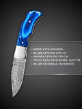 Blue Handmade Damascus Steel Folding Pocket Knife,