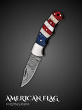 American flag custom handmade Damascus steel folding pocket knife, full view