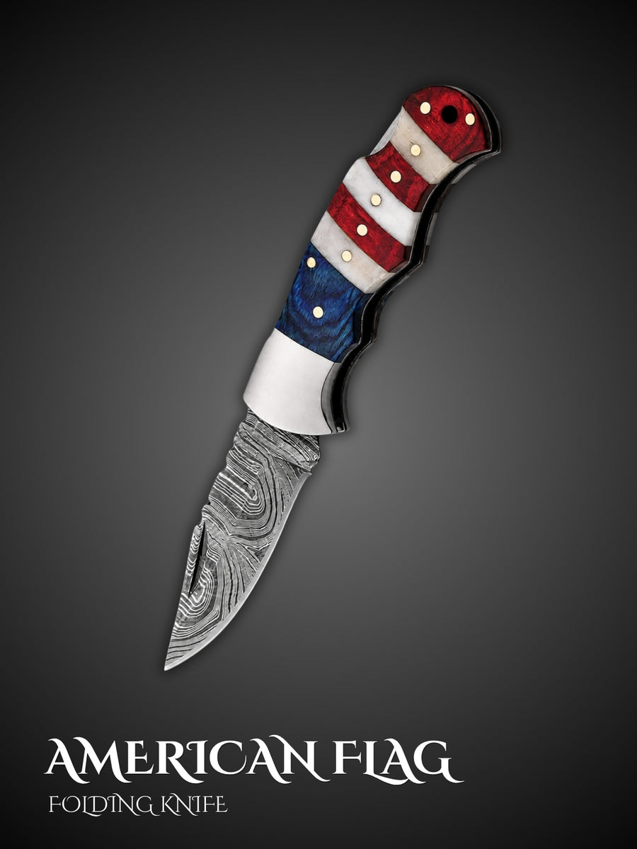 American flag custom handmade Damascus steel folding pocket knife, full view