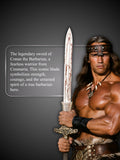 Atlantean sword held to show scale and barbarian styling