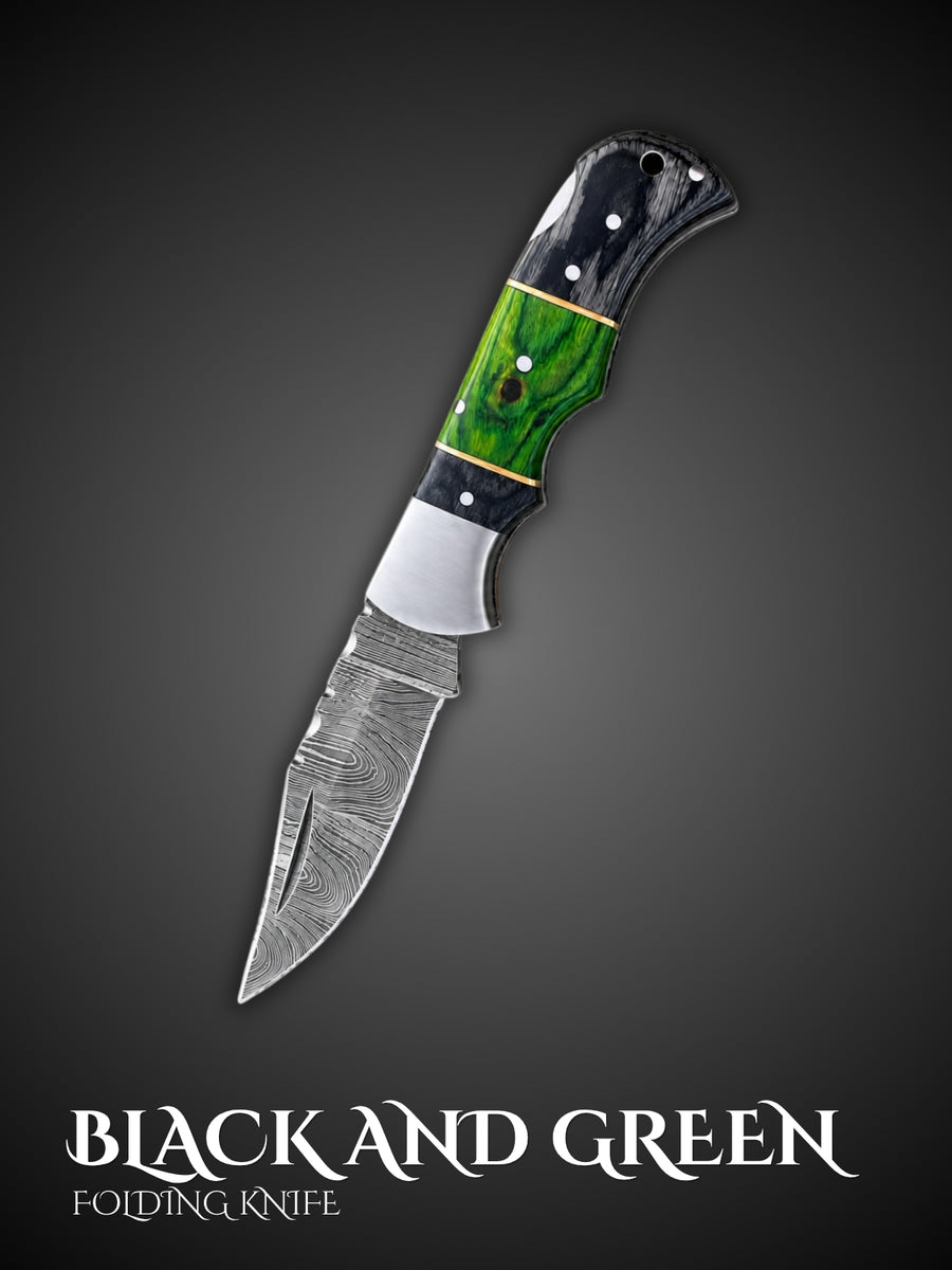 Black and green handmade Damascus steel folding pocket knife, full view