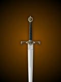 Close up of Blackfyre sword hilt and dark wrapped grip