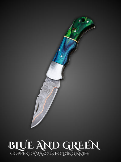 Blue and green handmade copper Damascus folding pocket knife, full view