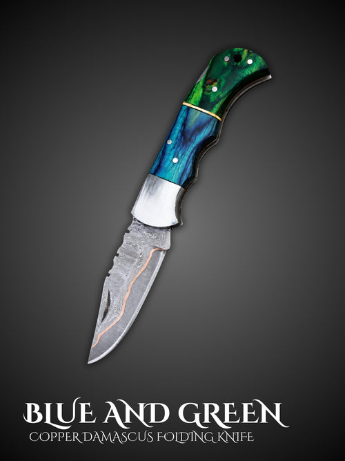 Blue and green handmade copper Damascus folding pocket knife, full view