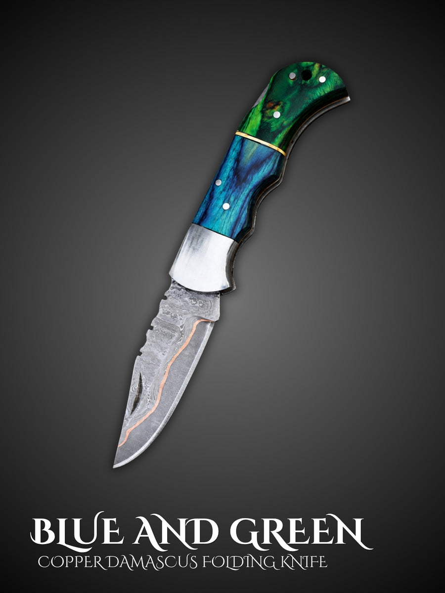 Blue and green handmade copper Damascus folding pocket knife, full view
