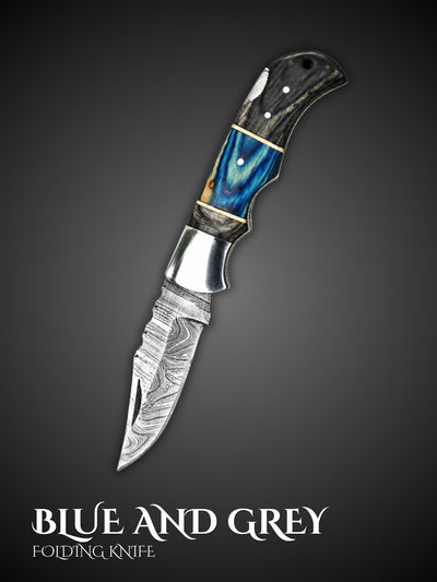 Blue and grey handmade Damascus steel folding pocket knife, full view