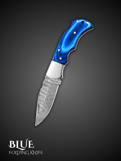Blue handmade Damascus steel folding pocket knife, full view