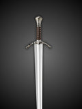 Close up of Boromir Sword crescent guard and leather grip
