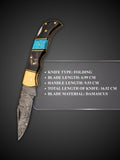 Damascus steel blade pattern detail with spine filework on brown and blue knife