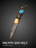 Brown and blue handmade Damascus steel folding pocket knife, full view