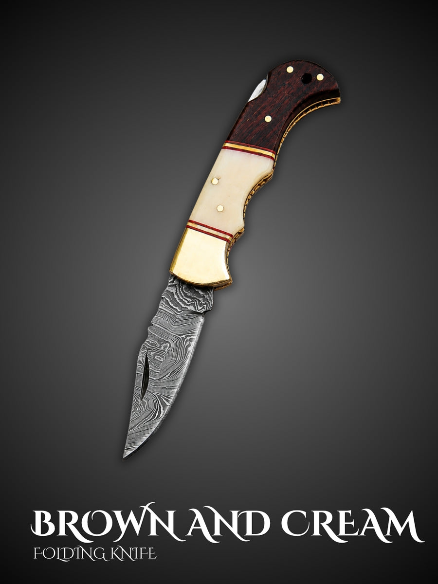 Brown and cream lockback folding knife with Damascus blue blade, full view