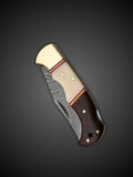 Close up of brown and cream Pakkawood handle with brass fittings on folding knife