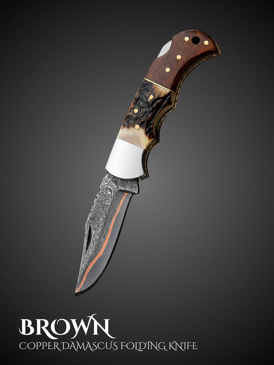 Brown handmade copper Damascus steel folding pocket knife, full view