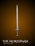 Brown Northman sword full view showing double edged Viking blade