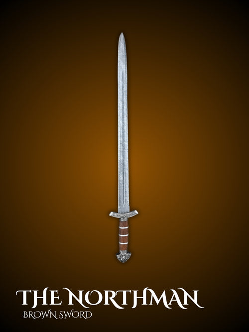 Brown Northman sword full view showing double edged Viking blade