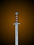 Close up of brown Northman sword segmented grip and lobe pommel