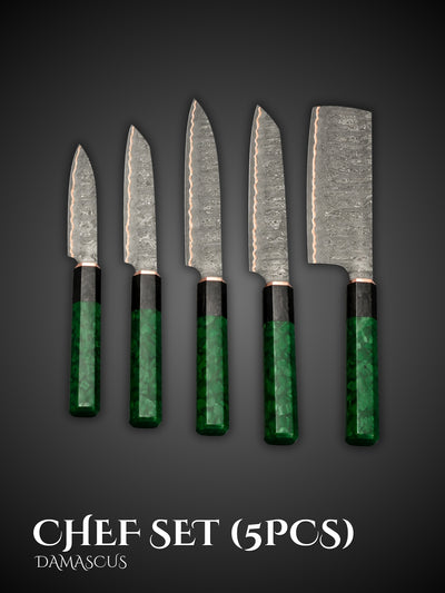 Copper Damascus Chef Knife Set Green Round Handles