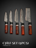 Copper Damascus Chef Knife Set Red Resin Handles