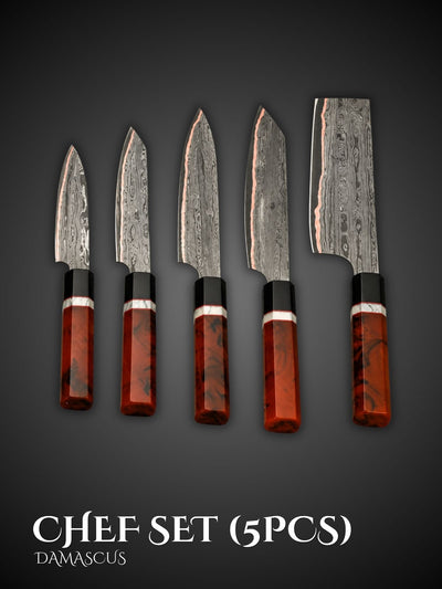 Copper Damascus Chef Knife Set Red Resin Handles