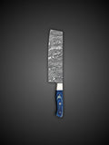 Damascus Chef Knife Blue Handle Patterned Blade