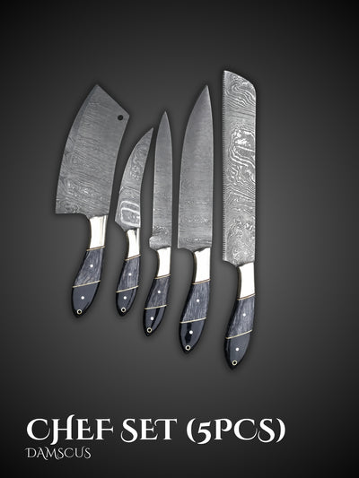 Damascus Chef Knife Set Black and White Handles