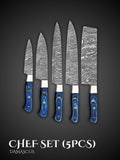 Damascus Chef Knife Set Blue Resin Handle 5 Pieces