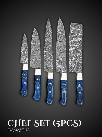 Damascus Chef Knife Set Blue Resin Handle 5 Pieces