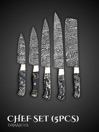Damascus Chef Knife Set Marble Resin Handle Wave Blades