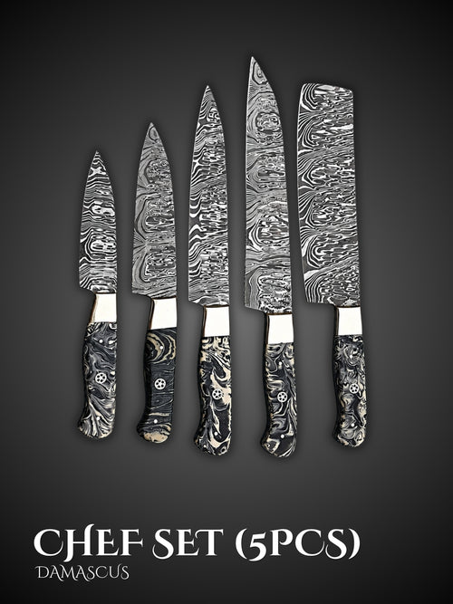 Damascus Chef Knife Set Marble Resin Handle Wave Blades