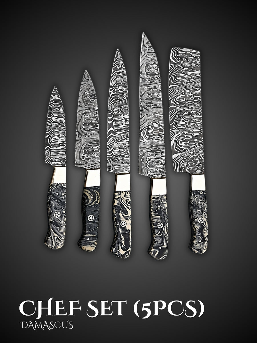Damascus Chef Knife Set Marble Resin Handle Wave Blades