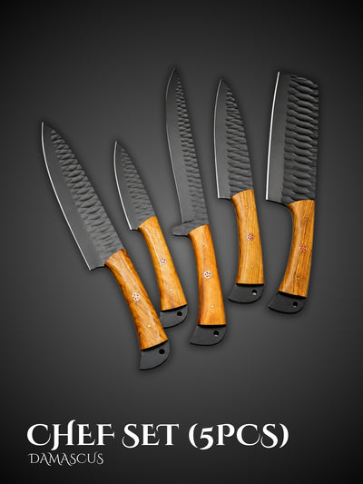 Damascus Chef Knife Set Olive Wood Handle Black Blades