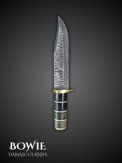 Damascus Clip Point Bowie Knife Dark Horn Handle