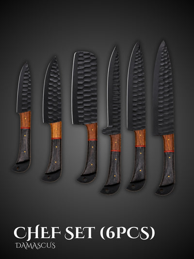 Damascus Kitchen Knife Set Black Finish Red Handles