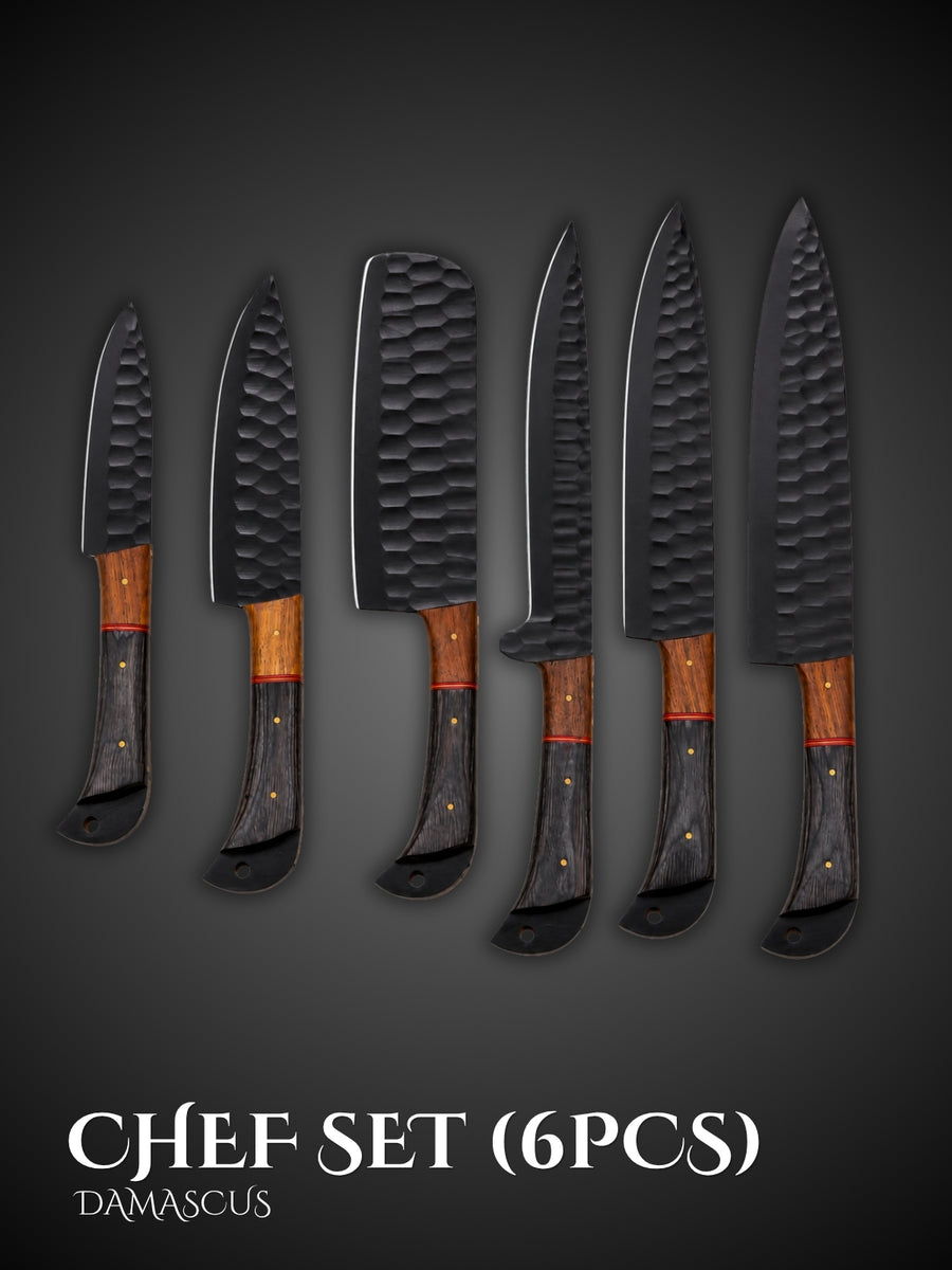 Damascus Kitchen Knife Set Black Finish Red Handles