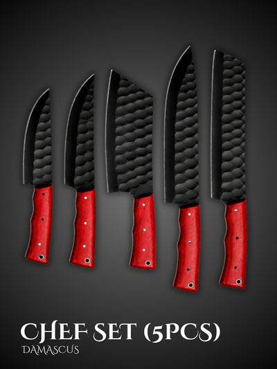 Damascus Steel Chef Knives Red Handle Set of 5
