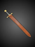 Excalibur sword shown with brown leather scabbard
