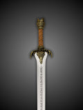 Close up of Father's Sword elk skull guard and leather wrapped grip