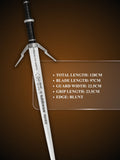 Geralt's silver sword displayed on a stand showing blade length and design