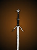 Close up of Geralt's silver sword hilt and crossguard detail