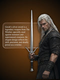 Geralt's silver sword held to show scale and craftsmanship