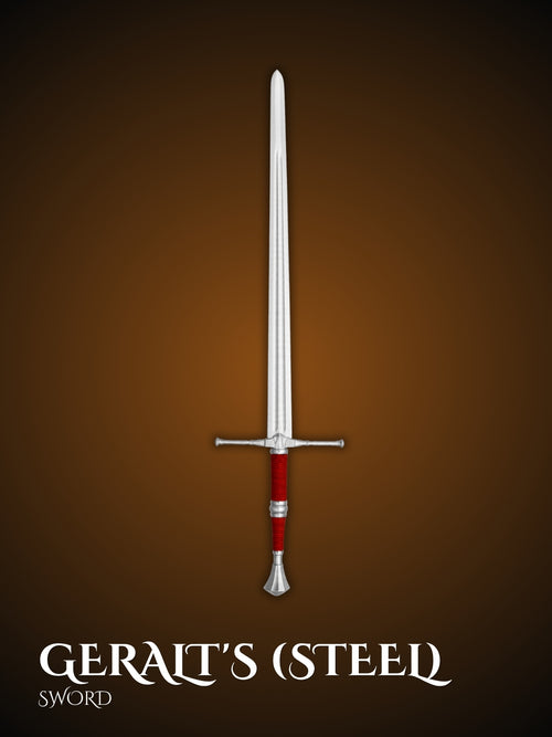 Geralt's Steel Sword replica from The Witcher, full view on display stand
