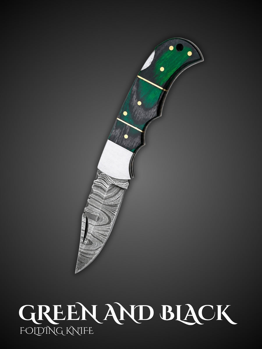 Green and black custom Damascus steel folding pocket knife, full view